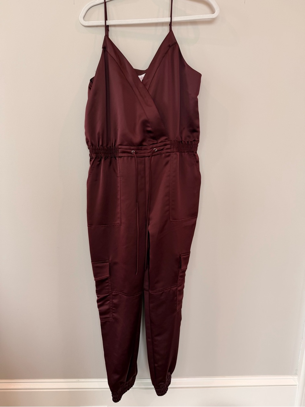 Parker Satin Spaghetti-Strap Jumpsuit in Burgundy